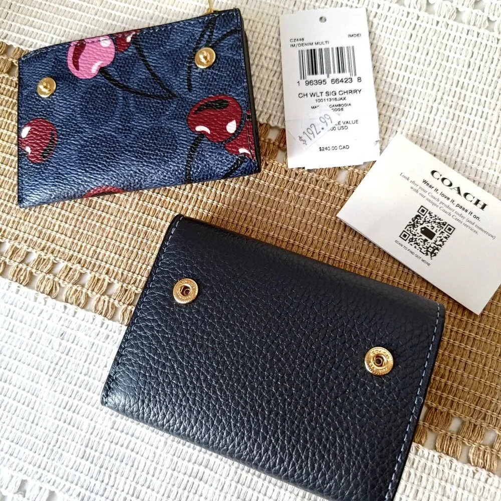 Coach Card Holder Wallet In Signature Canvas With Cherry Print CZ448 Navy blue